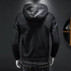 Modern Black Leather Jacket with Attached Hood