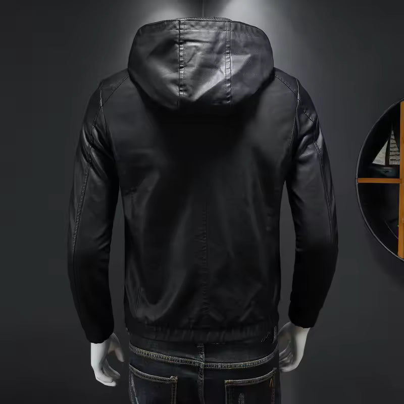 Modern Black Leather Jacket with Attached Hood