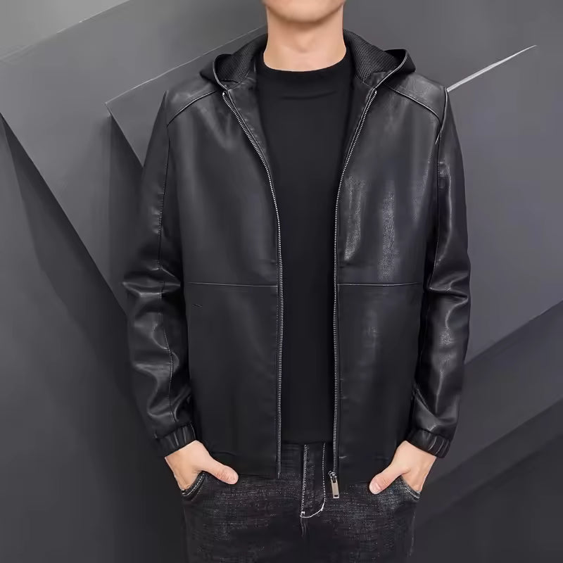 Modern Black Leather Jacket with Attached Hood