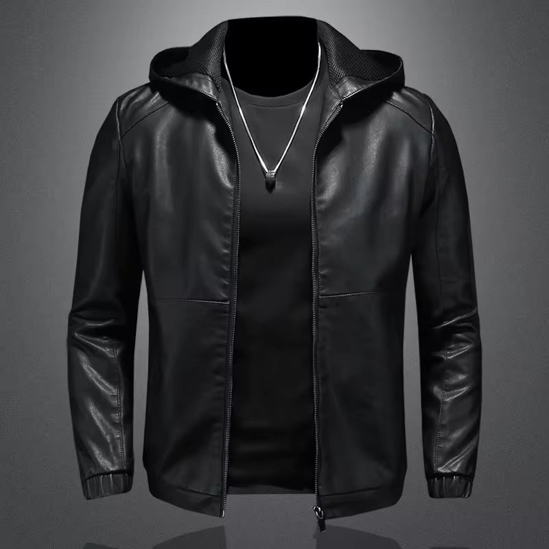 Modern Black Leather Jacket with Attached Hood