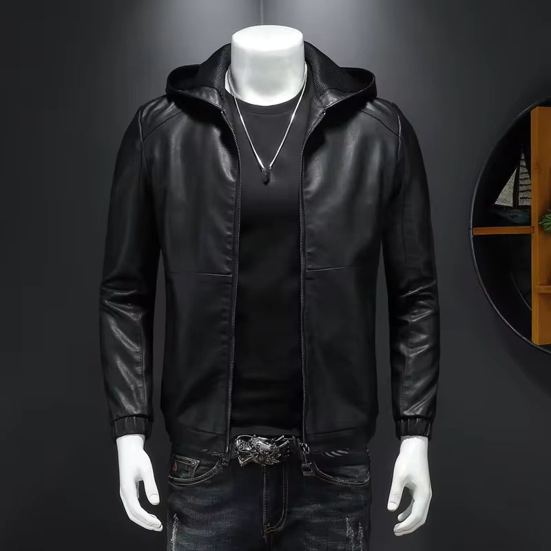 Modern Black Leather Jacket with Attached Hood