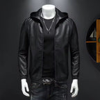 Modern Black Leather Jacket with Attached Hood