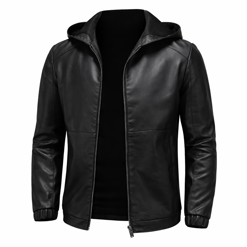 Modern Black Leather Jacket with Attached Hood