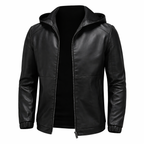 Modern Black Leather Jacket with Attached Hood